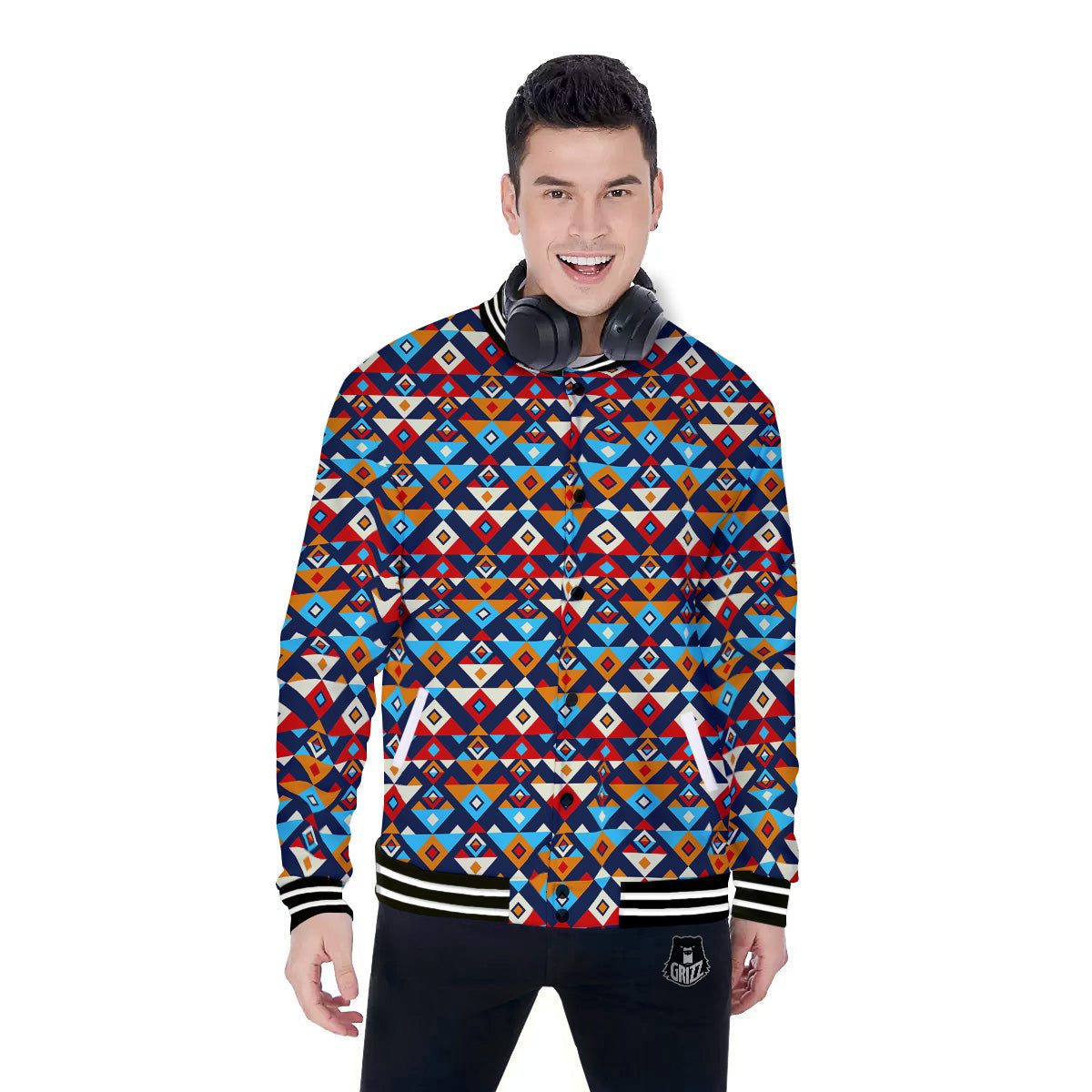 Ethnic Boho Colorful Print Pattern Baseball Jacket-grizzshop