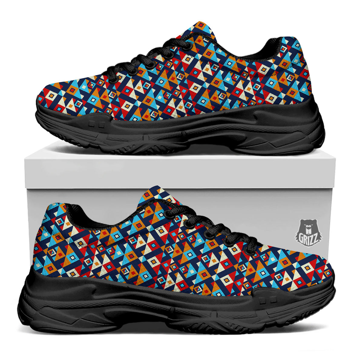 Ethnic Boho Colorful Print Pattern Black Chunky Shoes-grizzshop