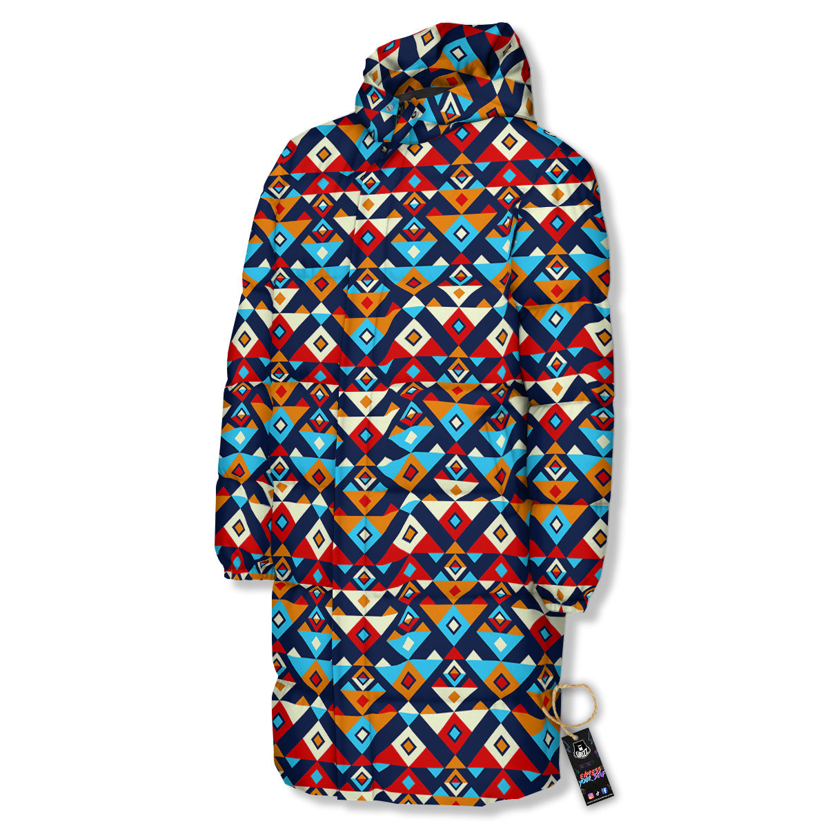 Ethnic Boho Colorful Print Pattern Long Down Jacket-grizzshop
