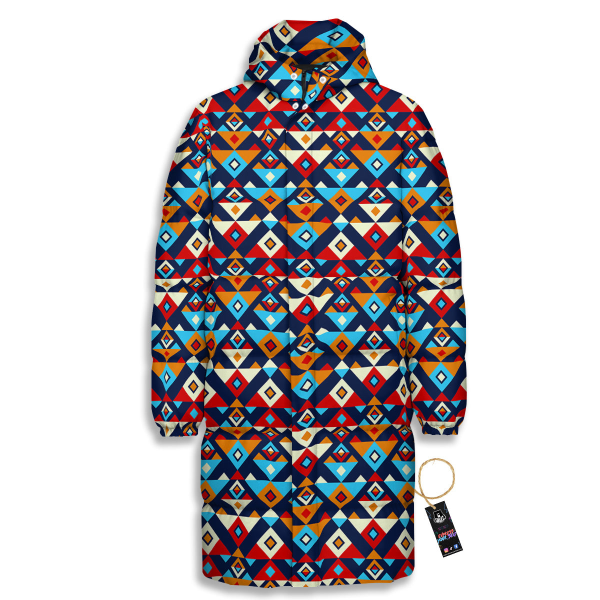 Ethnic Boho Colorful Print Pattern Long Down Jacket-grizzshop