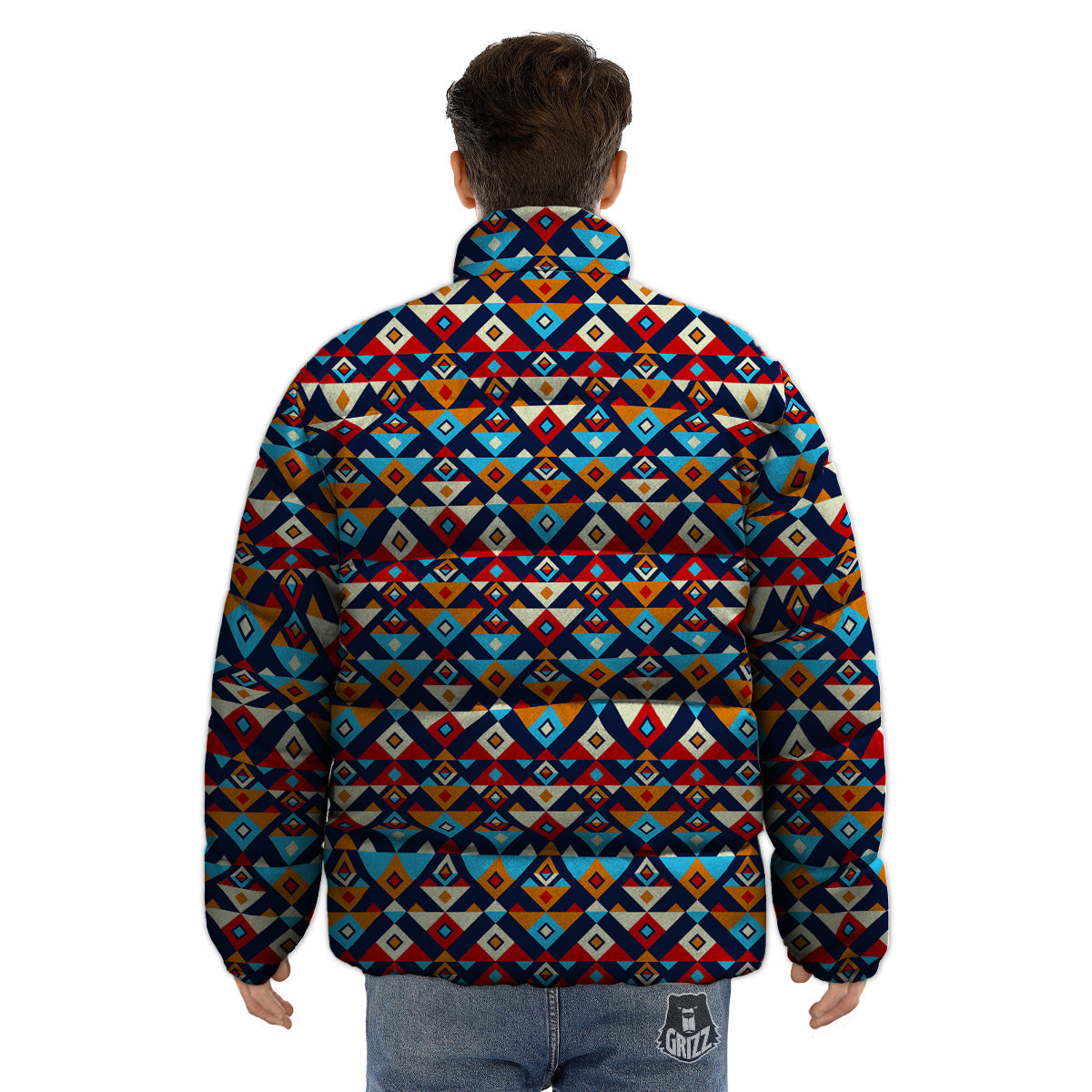 Ethnic Boho Colorful Print Pattern Puffer Jacket-grizzshop