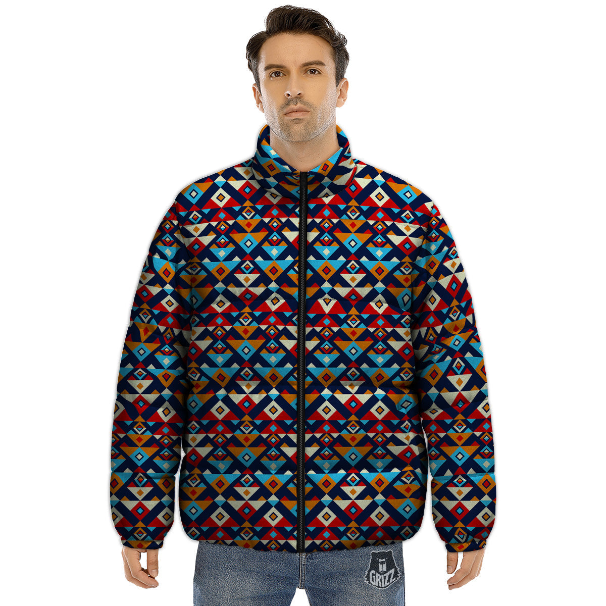 Ethnic Boho Colorful Print Pattern Puffer Jacket-grizzshop