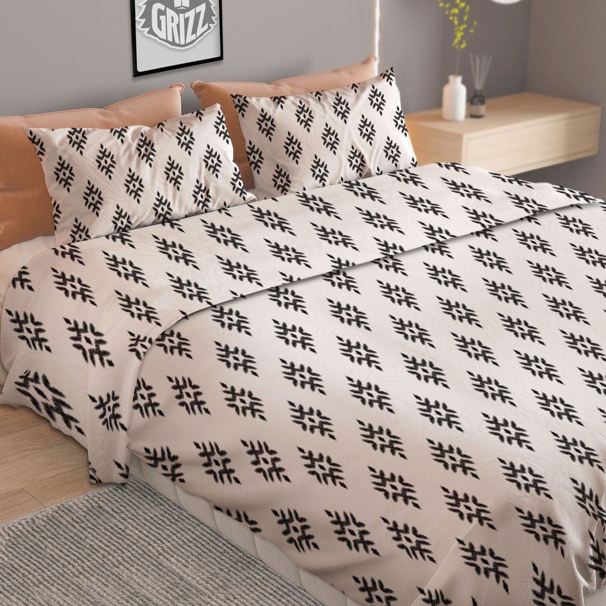 Ethnic Boho White And Black Print Duvet Cover Bedding Set