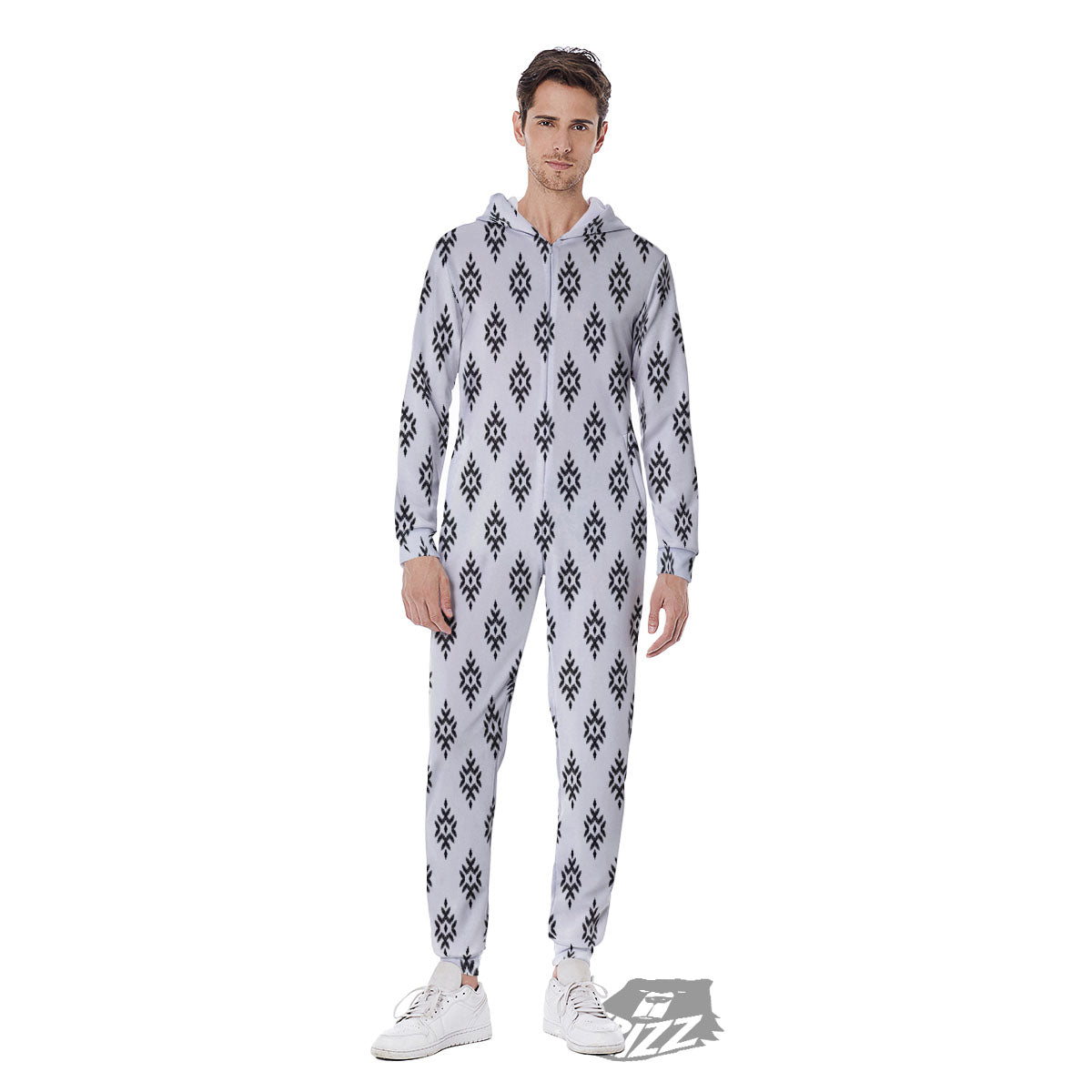 Ethnic Boho White And Black Print Men's Jumpsuit-grizzshop