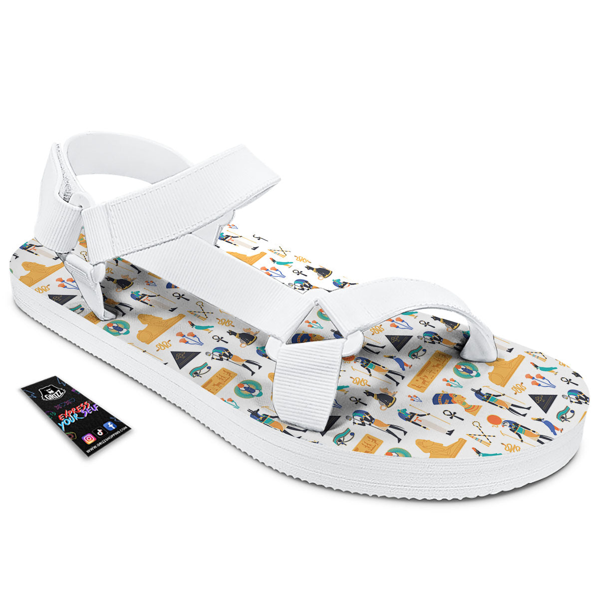 Ethnic Egyptian Print Pattern White Open Toe Sandals-grizzshop