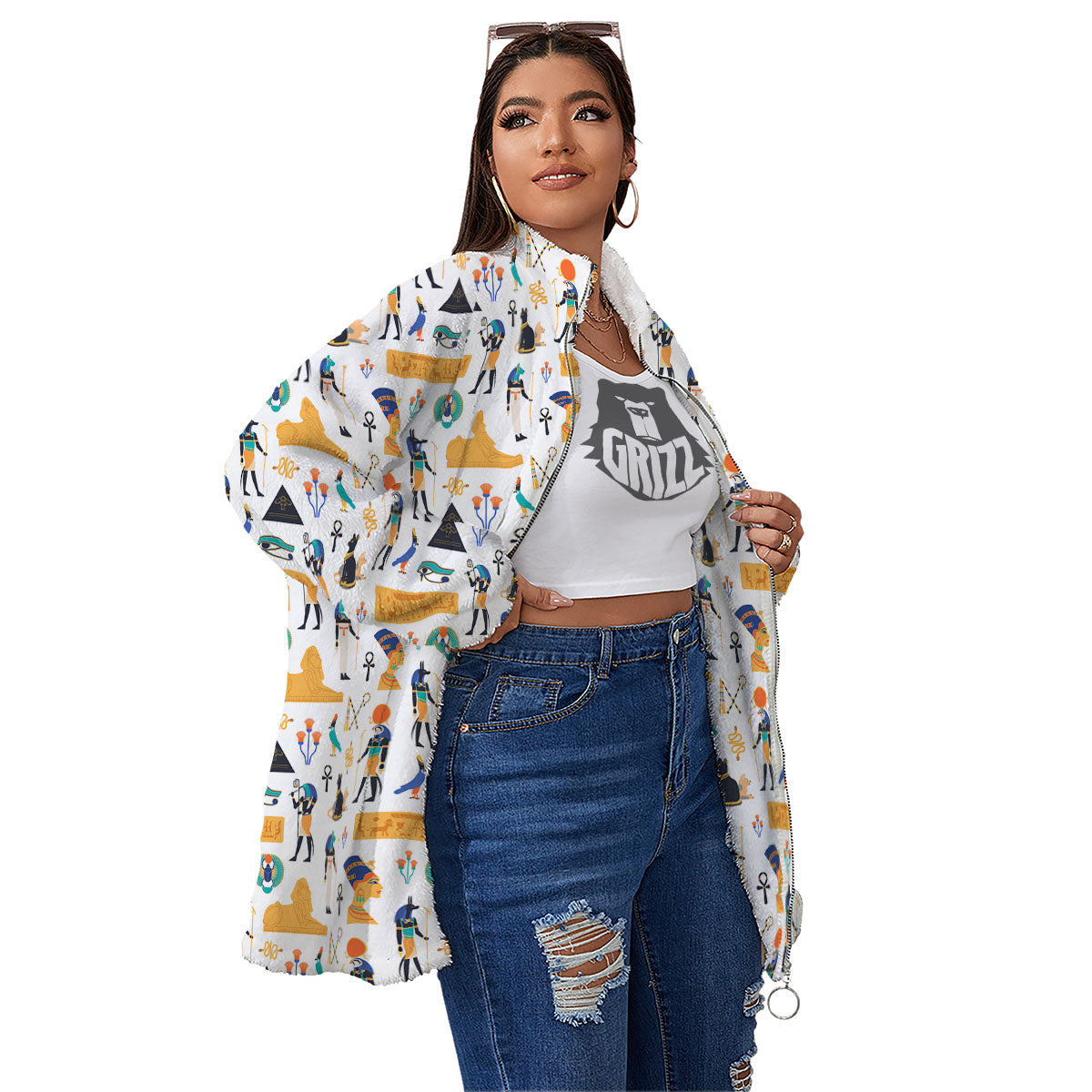 Ethnic Egyptian Print Pattern Women's Sherpa Jacket-grizzshop