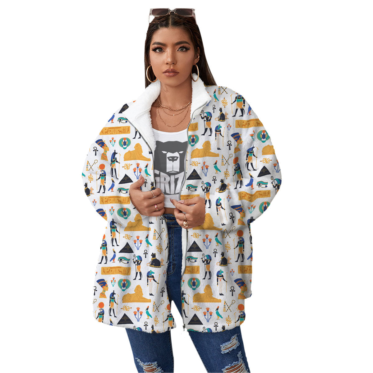 Ethnic Egyptian Print Pattern Women's Sherpa Jacket-grizzshop