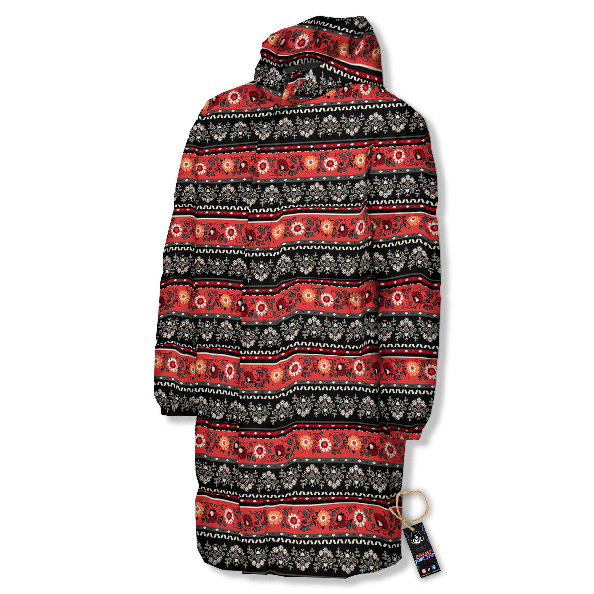 Ethnic Floral Print Pattern Long Down Jacket-grizzshop