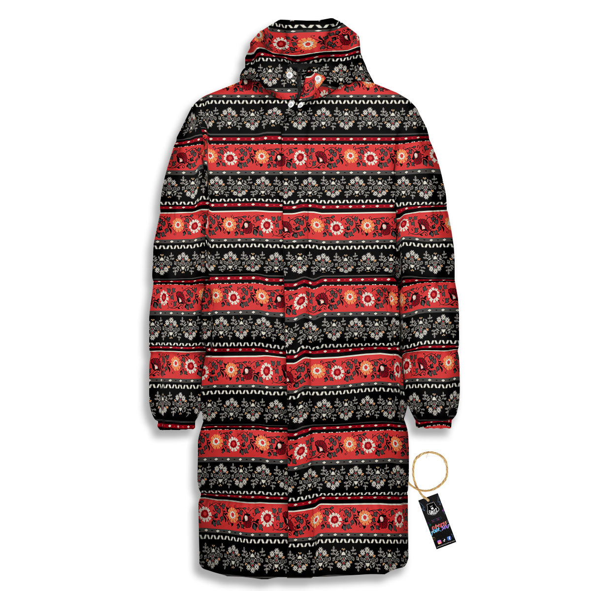Ethnic Floral Print Pattern Long Down Jacket-grizzshop
