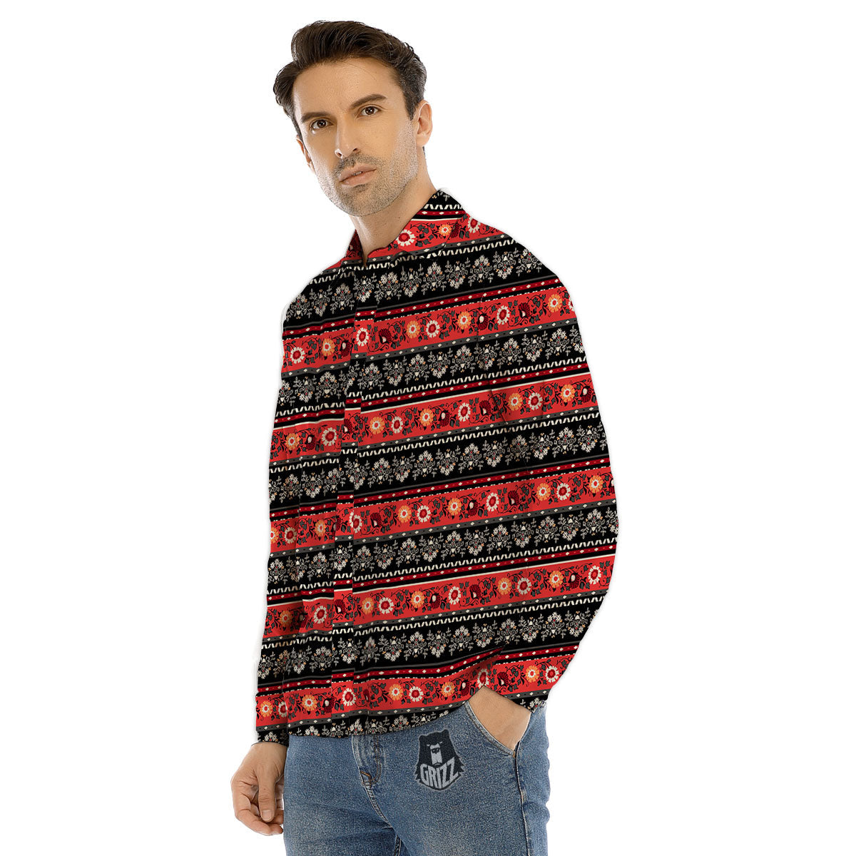 Ethnic Floral Print Pattern Men's Dress Shirts-grizzshop