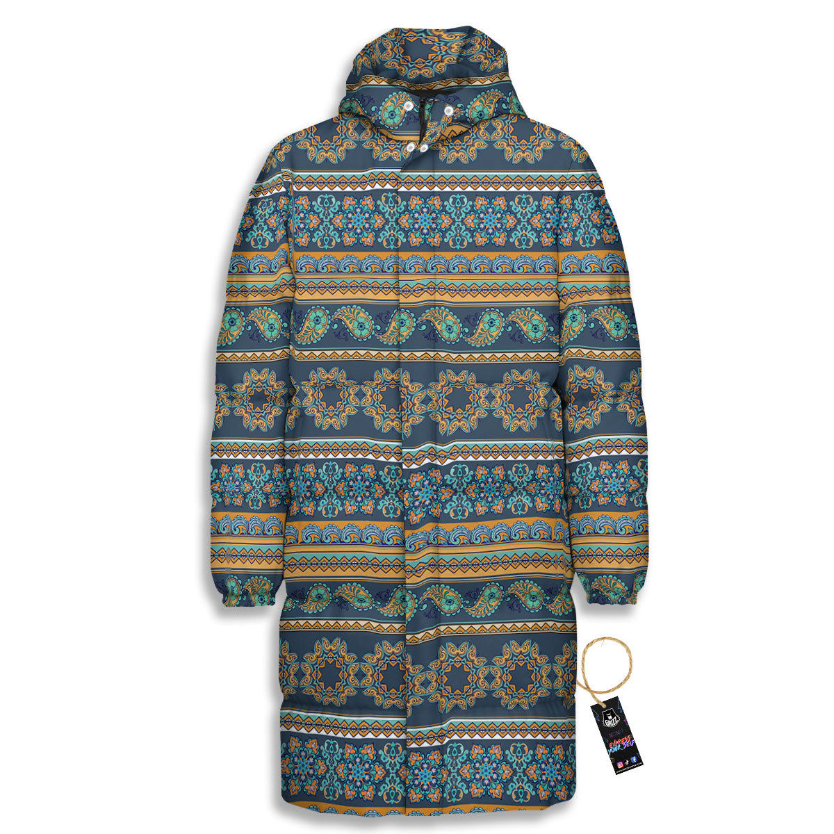 Ethnic Indian Print Pattern Long Down Jacket-grizzshop