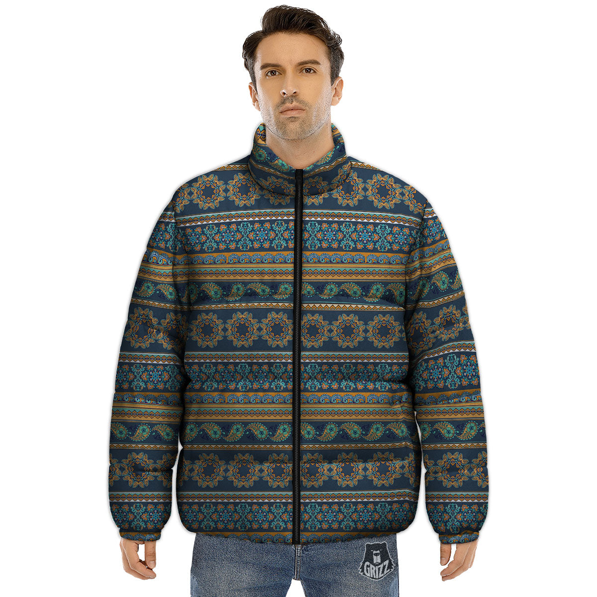 Ethnic Indian Print Pattern Puffer Jacket-grizzshop