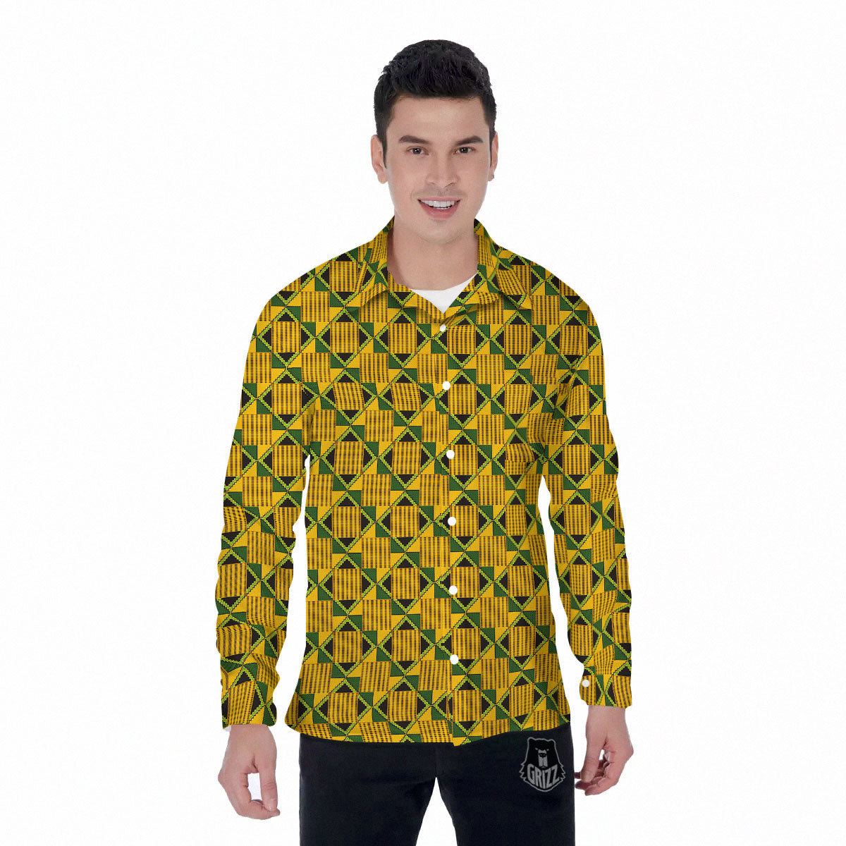 Ethnic Kente Print Pattern Men's Long Sleeve Shirts-grizzshop