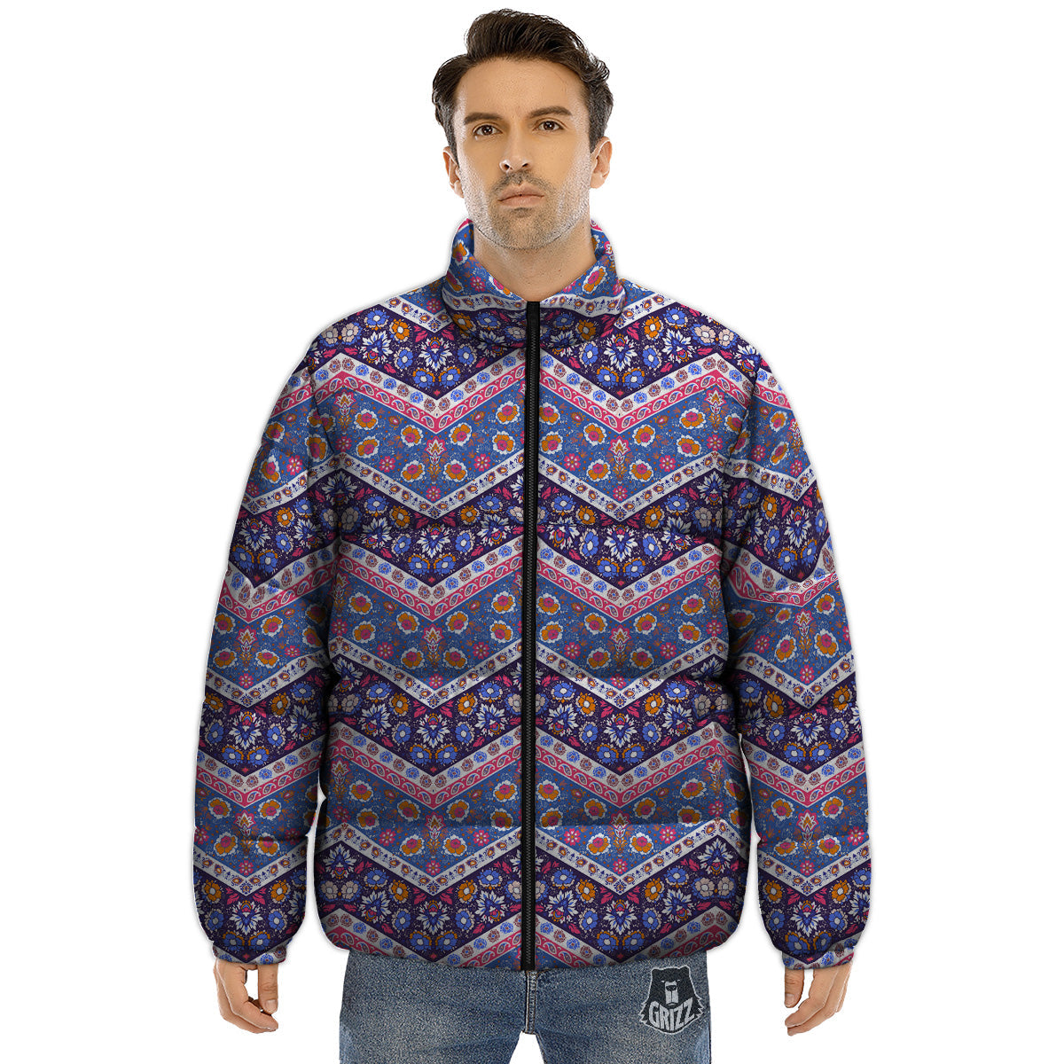 Ethnic Mandala And Indian Paisley Print Pattern Puffer Jacket-grizzshop