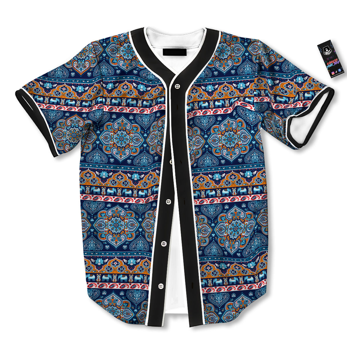 Ethnic Mandala Blue Print Pattern Baseball Jersey-grizzshop