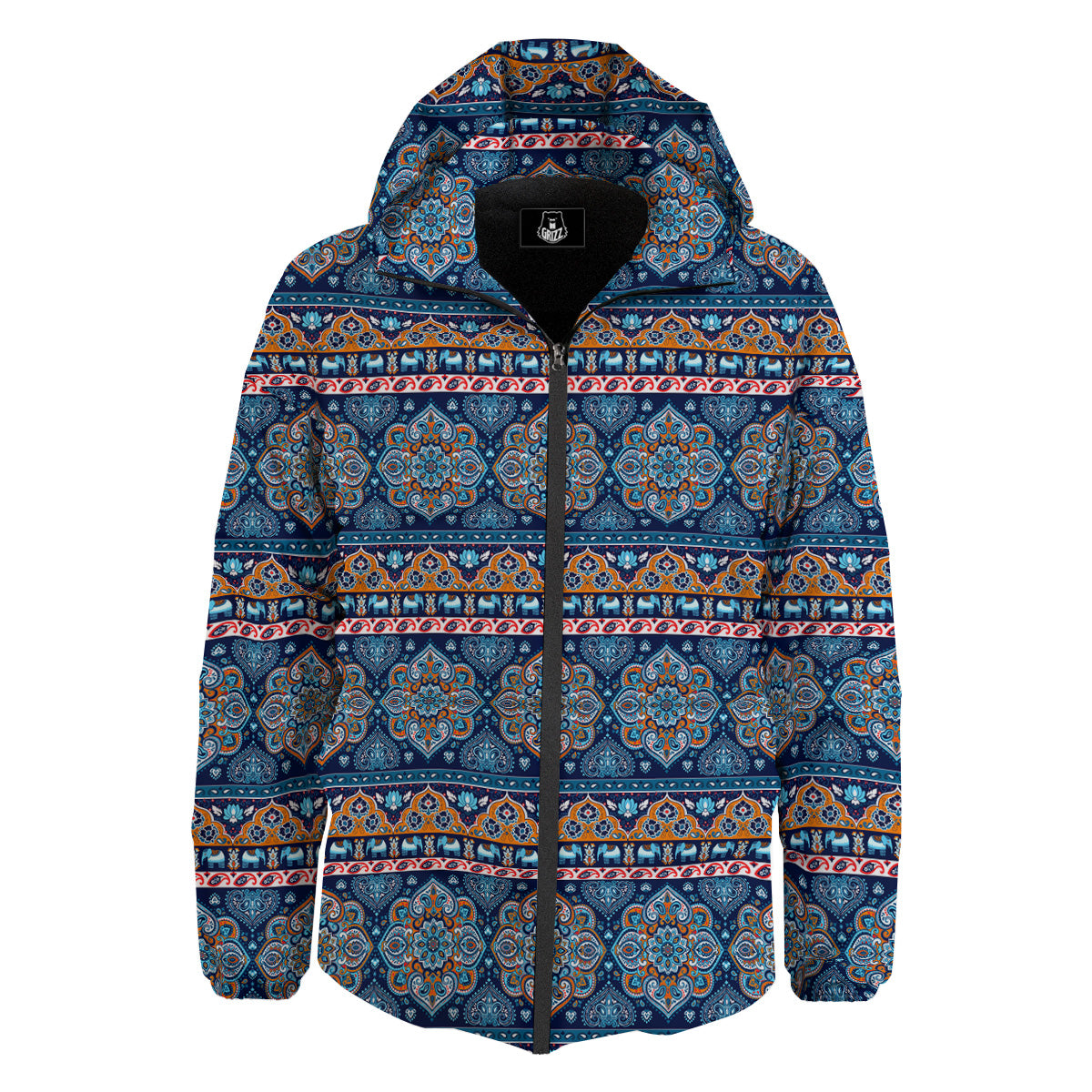 Ethnic Mandala Blue Print Pattern Down Jacket-grizzshop