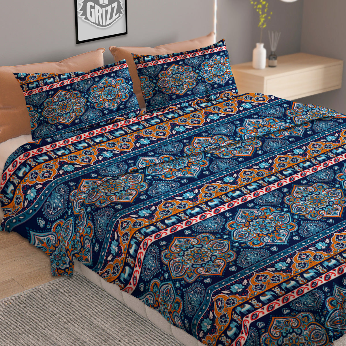 Ethnic Mandala Blue Print Pattern Duvet Cover Bedding Set