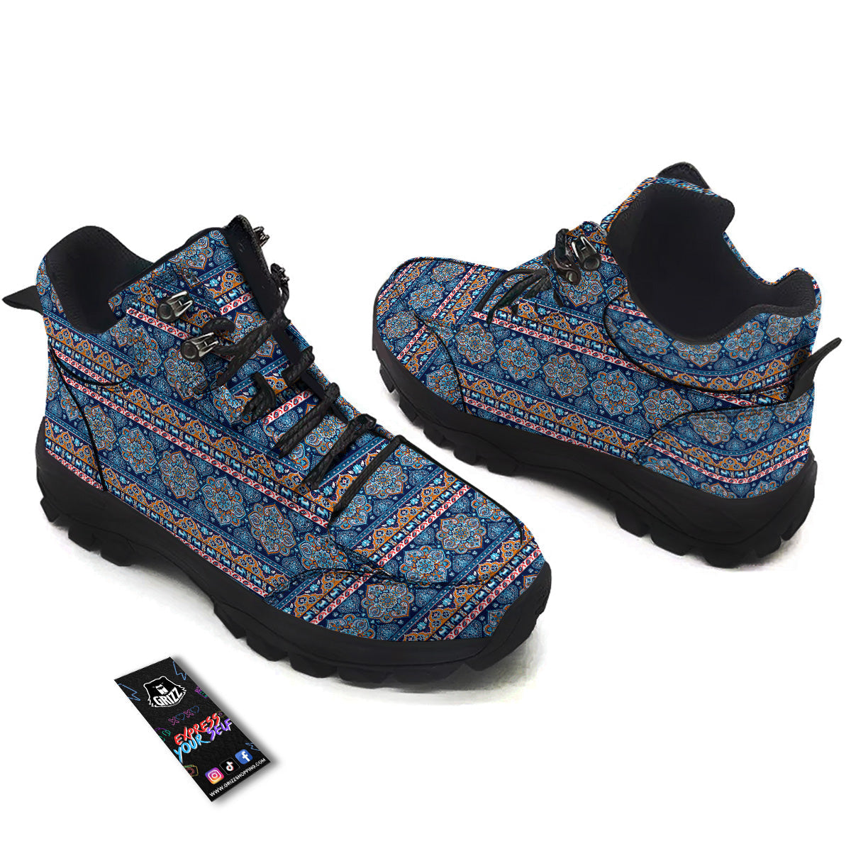 Ethnic Mandala Blue Print Pattern Hiking Shoes-grizzshop