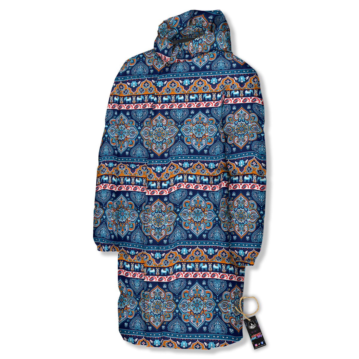 Ethnic Mandala Blue Print Pattern Long Down Jacket-grizzshop