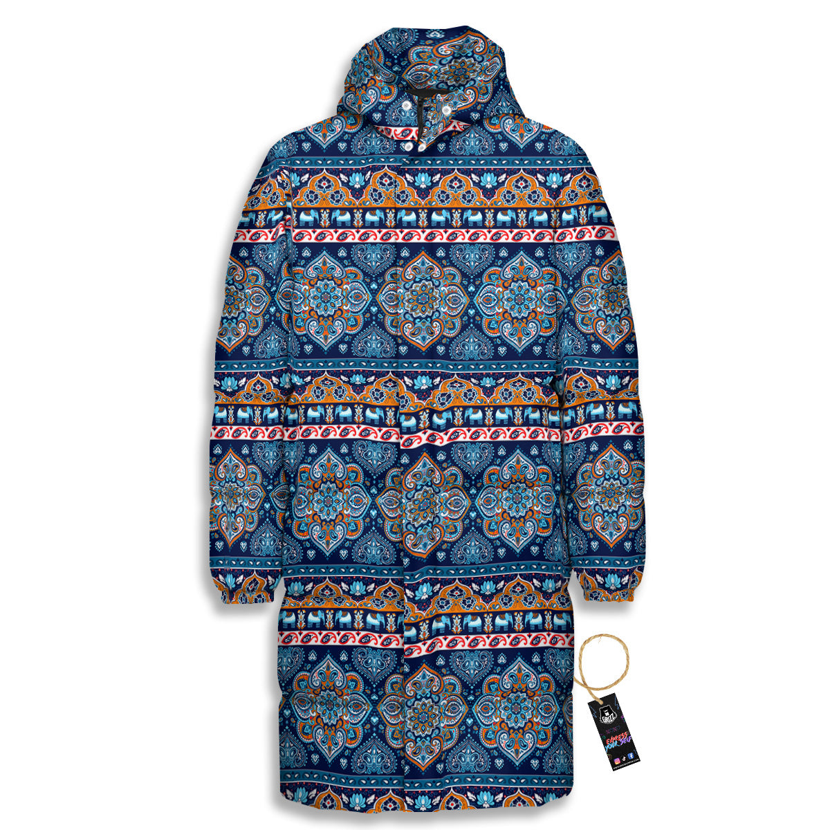 Ethnic Mandala Blue Print Pattern Long Down Jacket-grizzshop