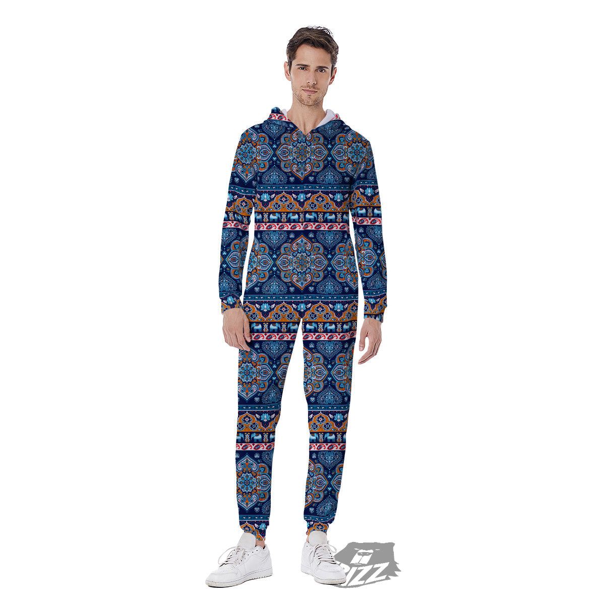 Ethnic Mandala Blue Print Pattern Men's Jumpsuit-grizzshop