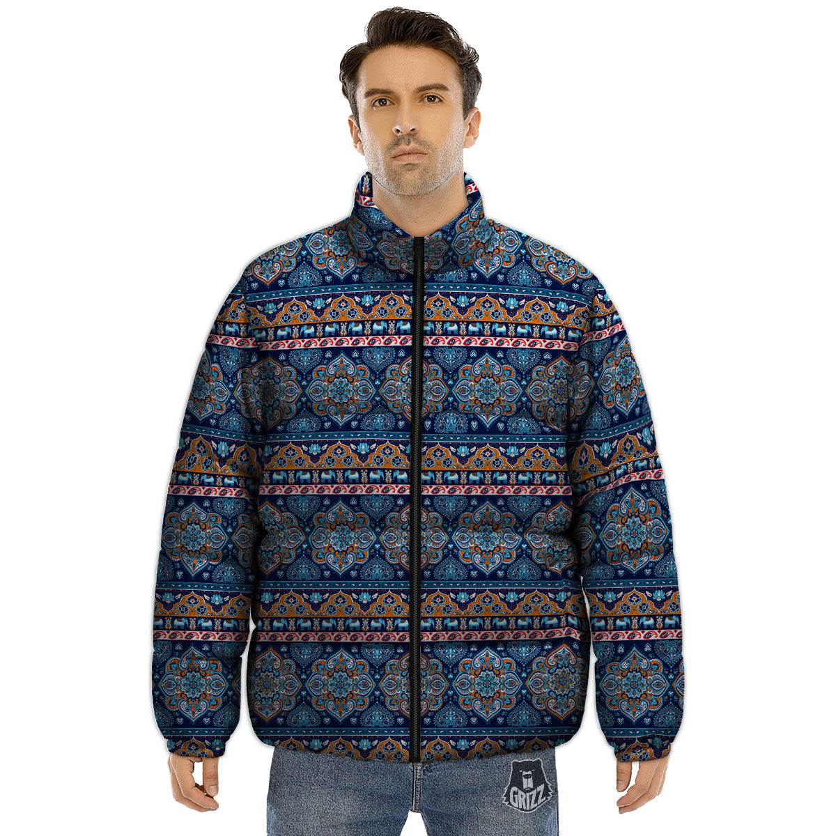 Ethnic Mandala Blue Print Pattern Puffer Jacket-grizzshop