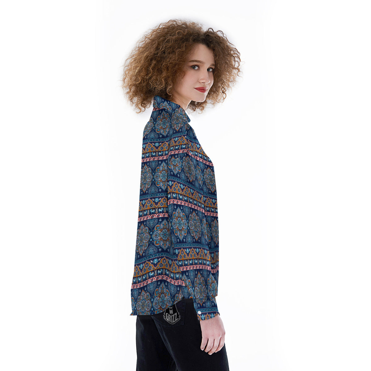Ethnic Mandala Blue Print Pattern Women's Long Sleeve Shirts-grizzshop
