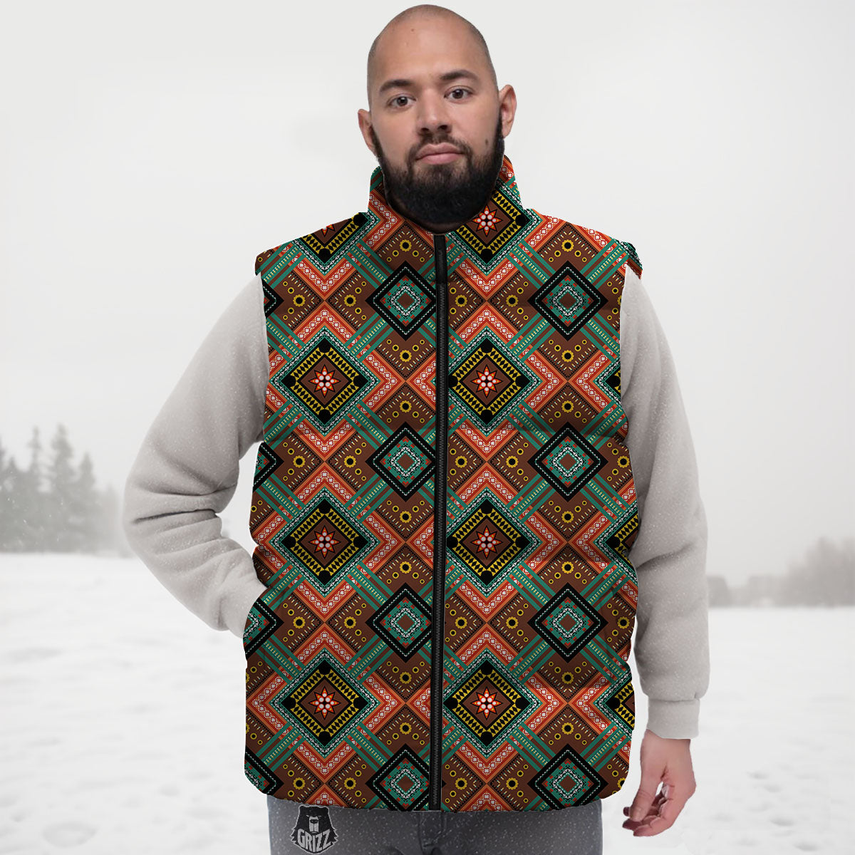 Ethnic Mandala Red Tribal Print Down Vest
