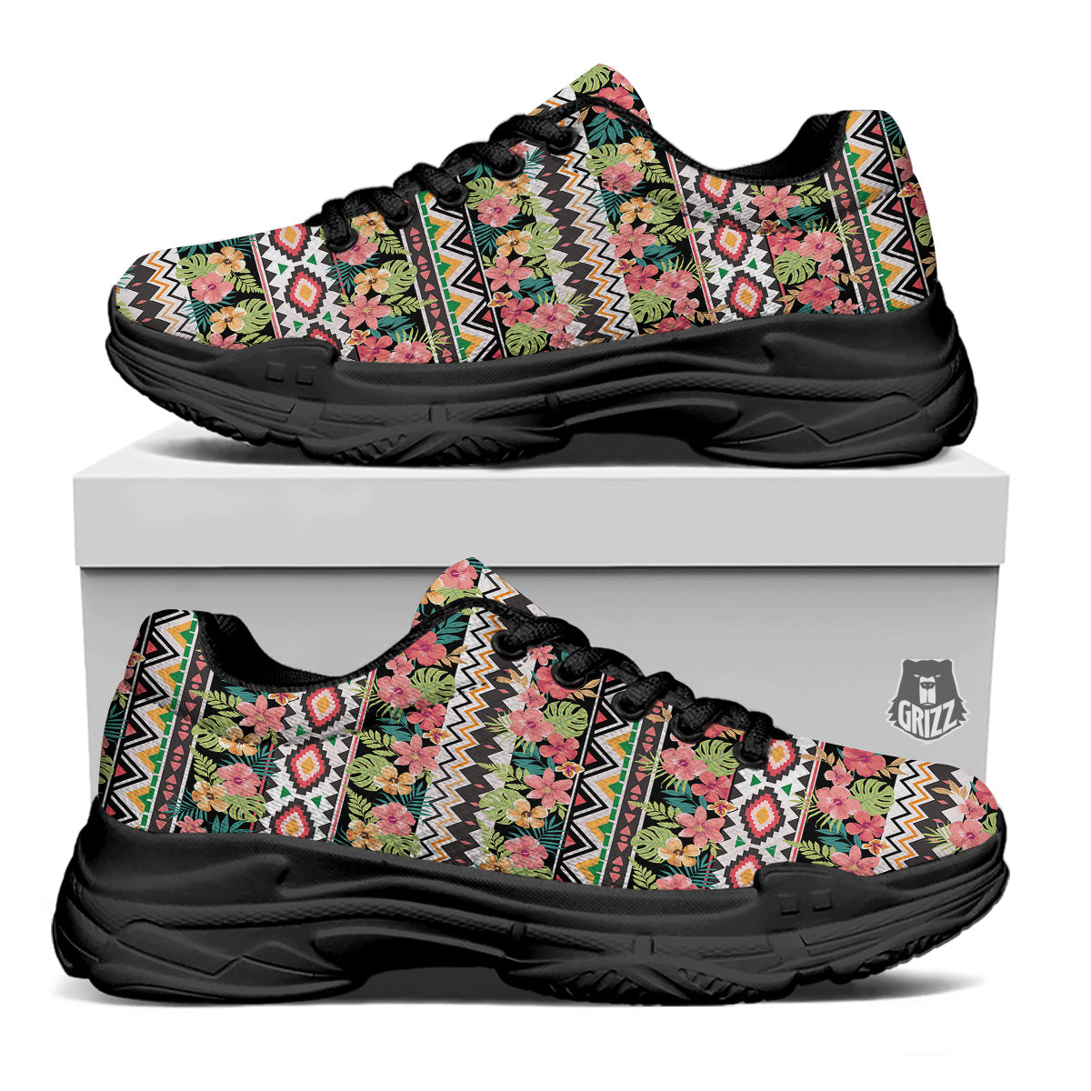 Ethnic Mix Tropical Flower Print Pattern Black Chunky Shoes-grizzshop