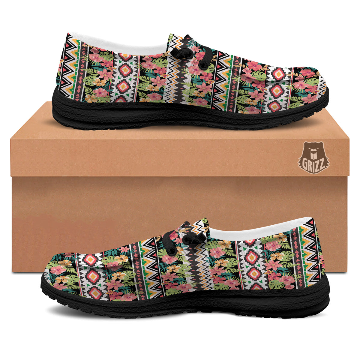 Ethnic Mix Tropical Flower Print Pattern Black Loafers-grizzshop