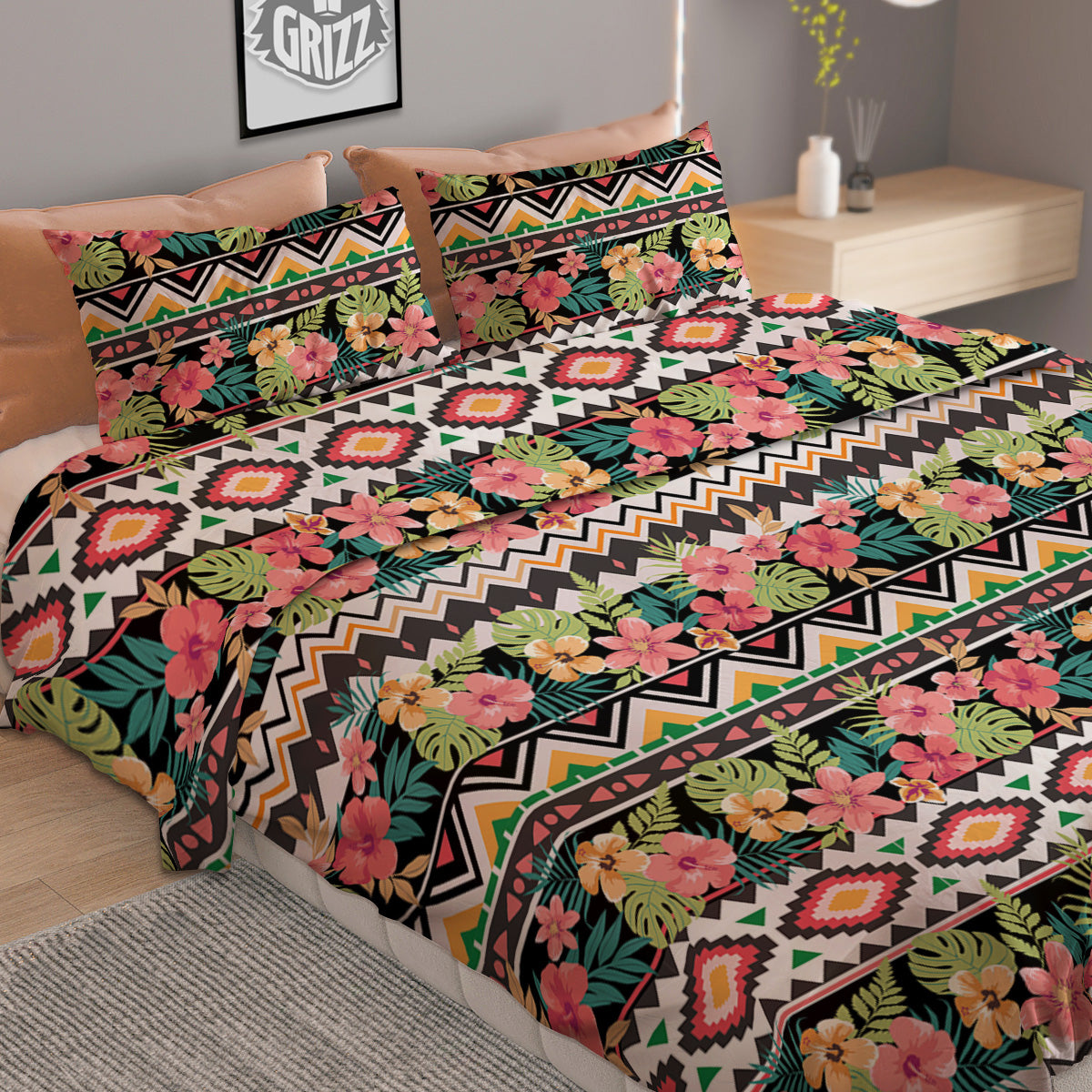 Ethnic Mix Tropical Flower Print Pattern Duvet Cover Bedding Set