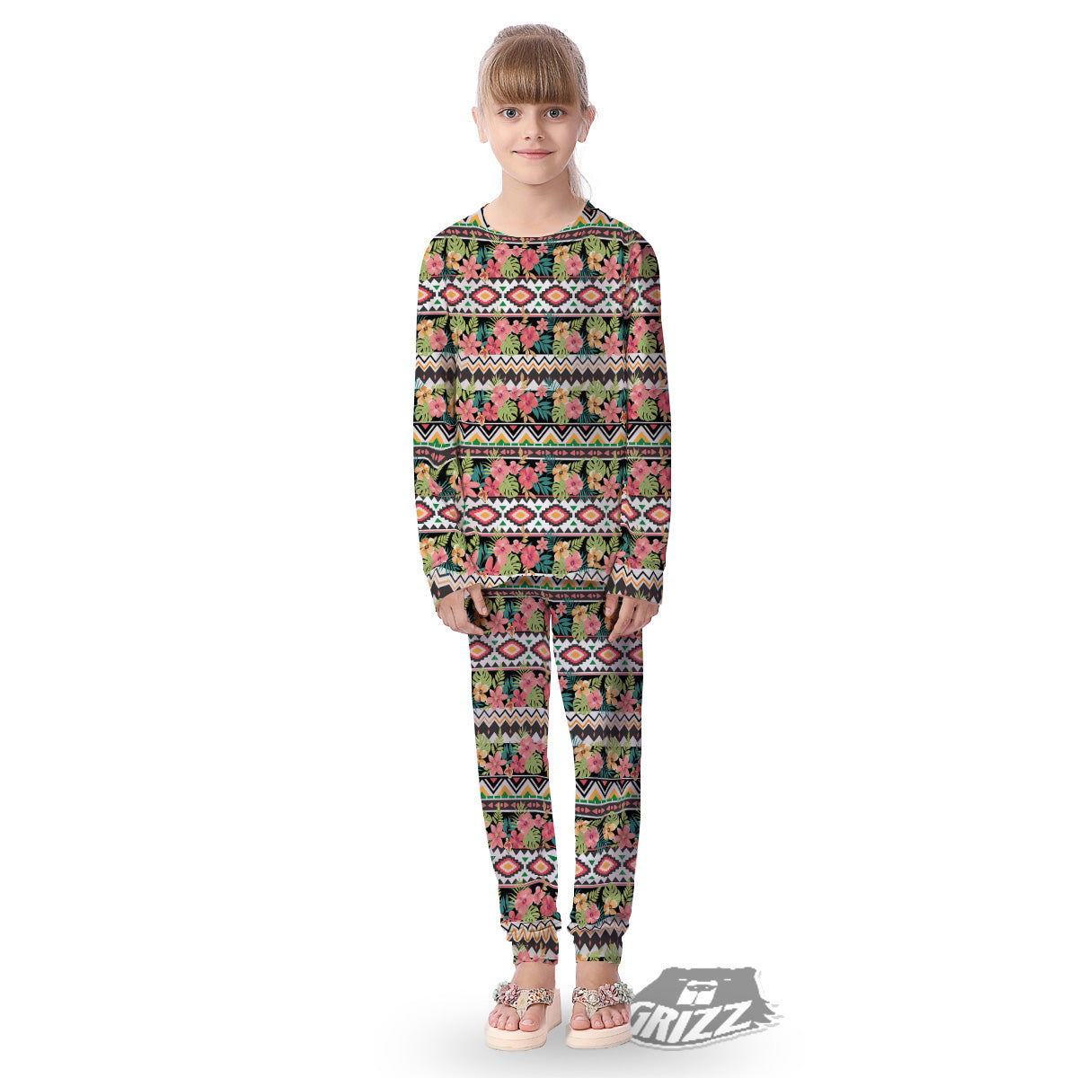 Ethnic Mix Tropical Flower Print Pattern Kid's Pajamas-grizzshop