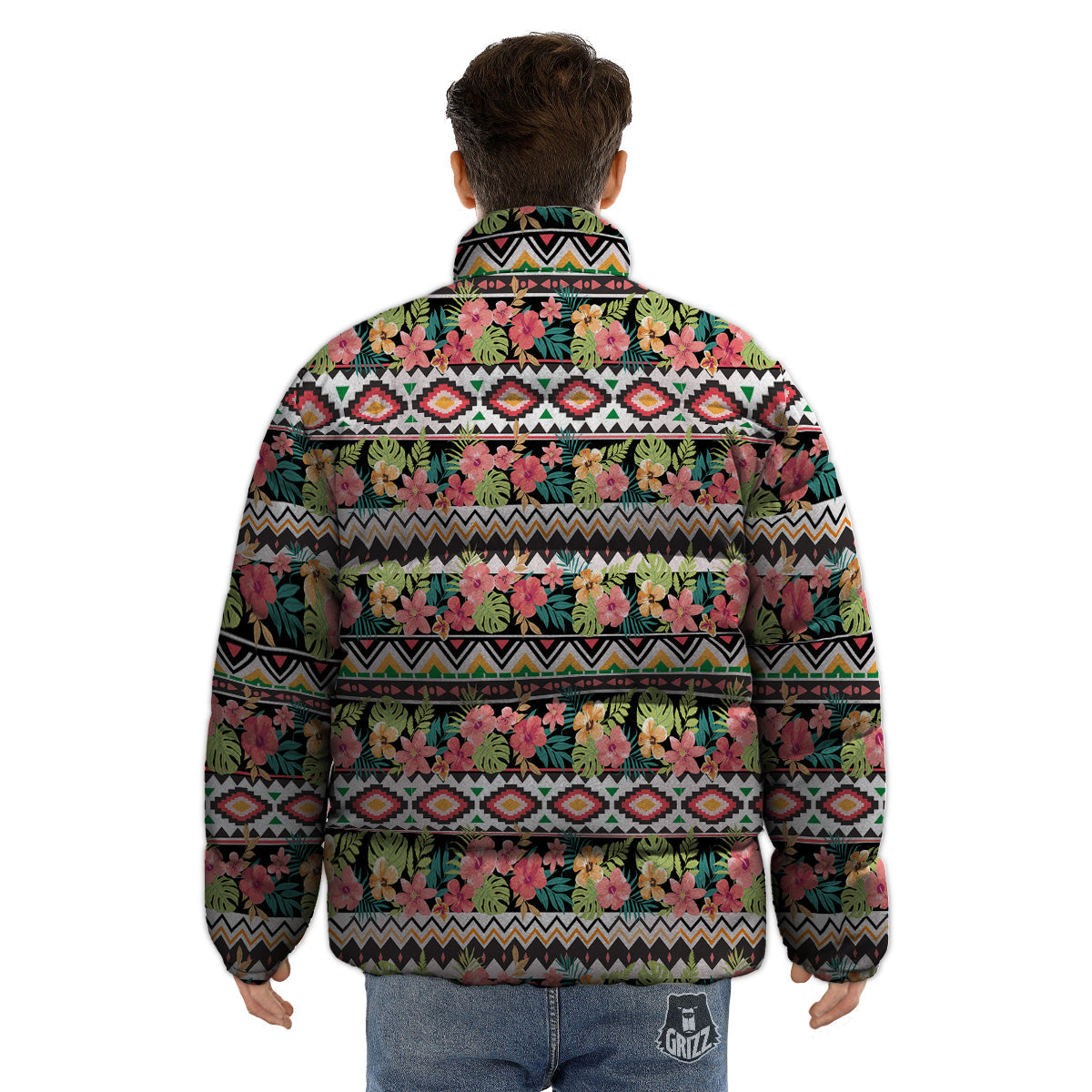 Ethnic Mix Tropical Flower Print Pattern Puffer Jacket-grizzshop