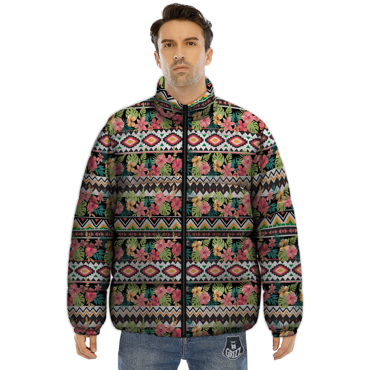 Ethnic Mix Tropical Flower Print Pattern Puffer Jacket-grizzshop