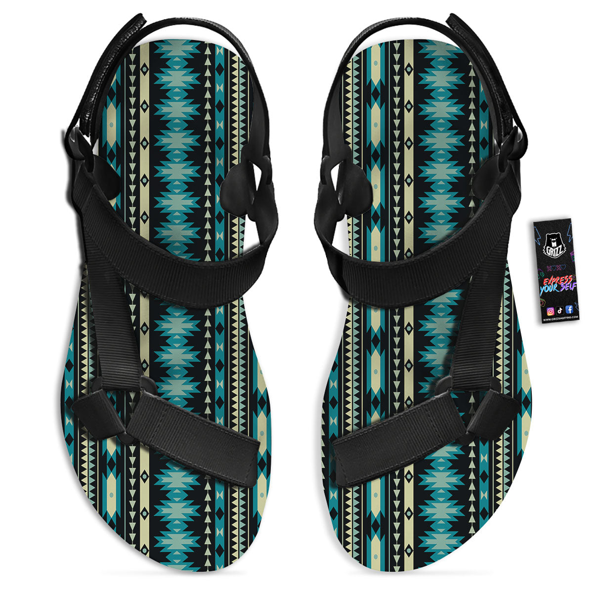 Ethnic Native Print Pattern Black Open Toe Sandals-grizzshop