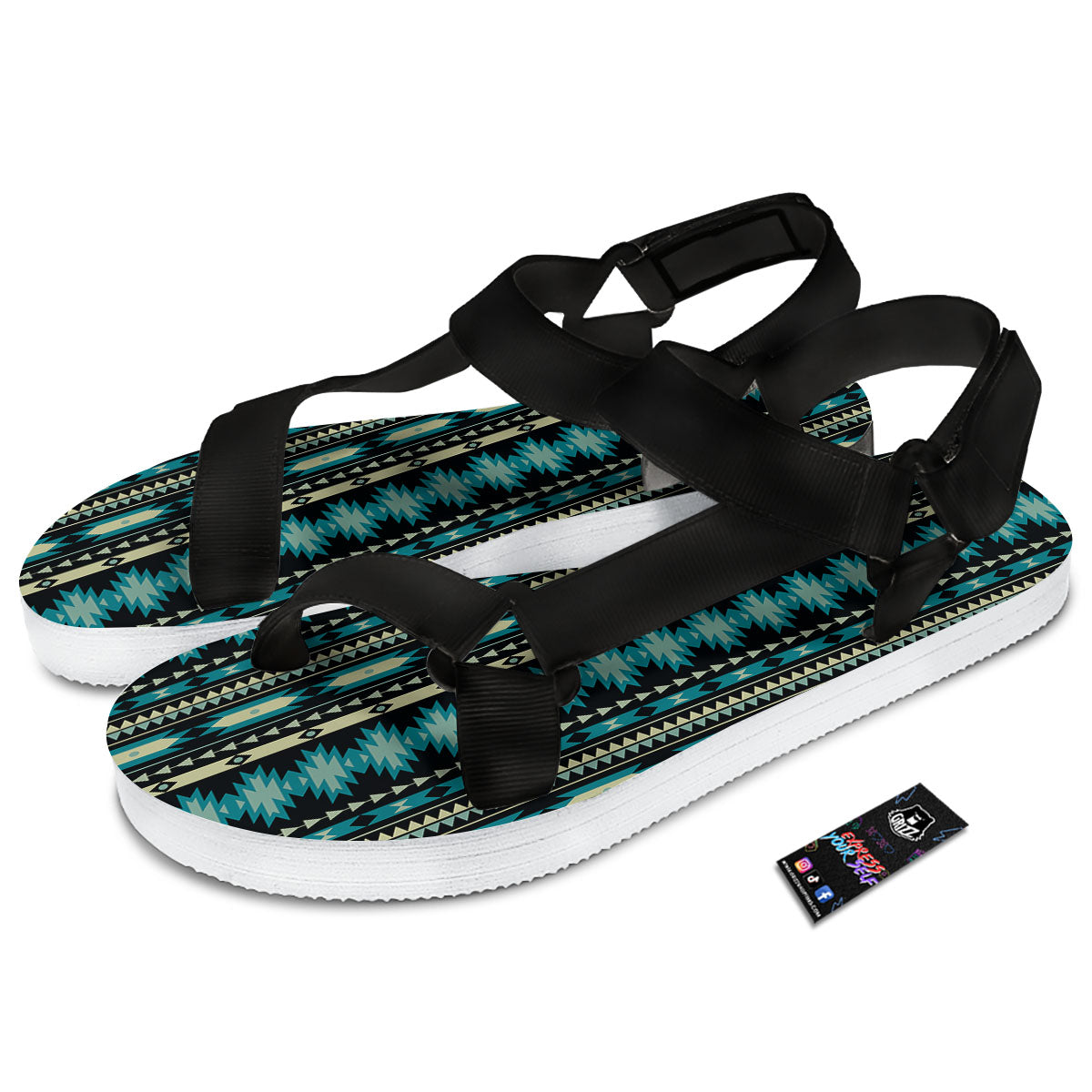 Ethnic Native Print Pattern Black Open Toe Sandals-grizzshop