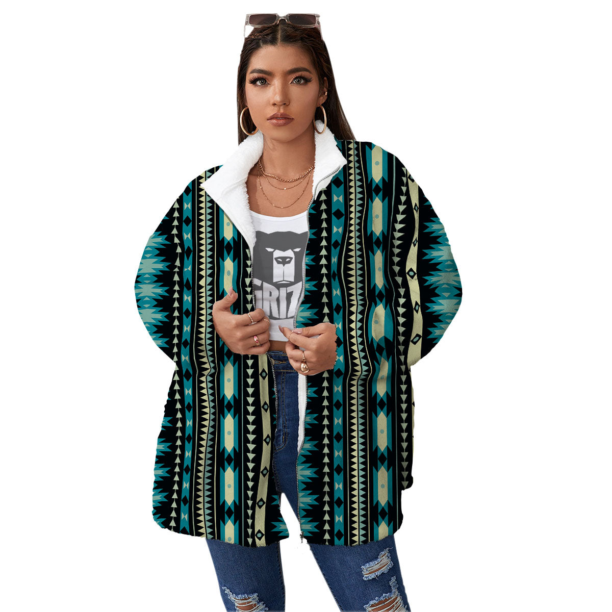 Ethnic Native Print Pattern Women's Sherpa Jacket-grizzshop
