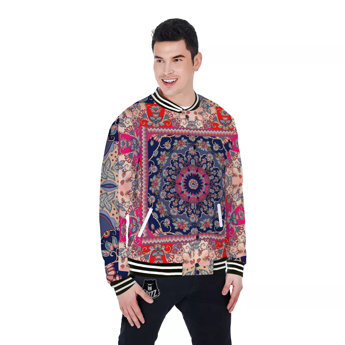 Ethnic Patchwork Square Print Baseball Jacket-grizzshop