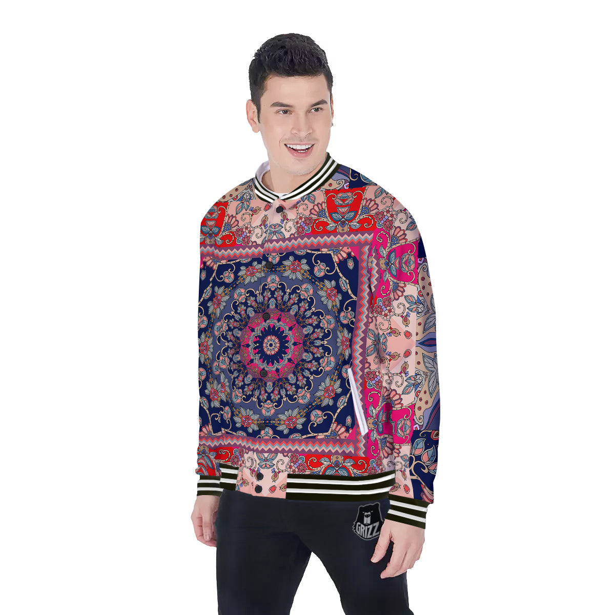 Ethnic Patchwork Square Print Baseball Jacket-grizzshop
