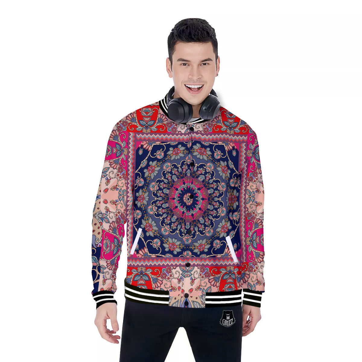 Ethnic Patchwork Square Print Baseball Jacket-grizzshop