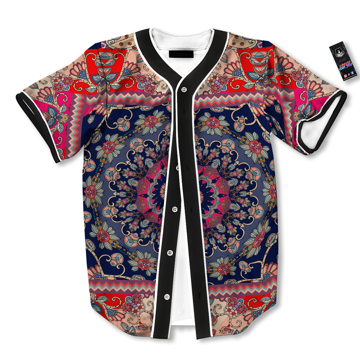 Ethnic Patchwork Square Print Baseball Jersey-grizzshop