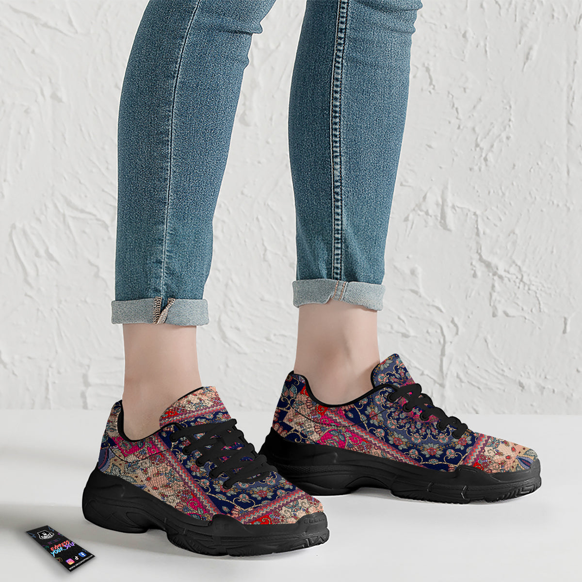 Ethnic Patchwork Square Print Black Chunky Shoes-grizzshop
