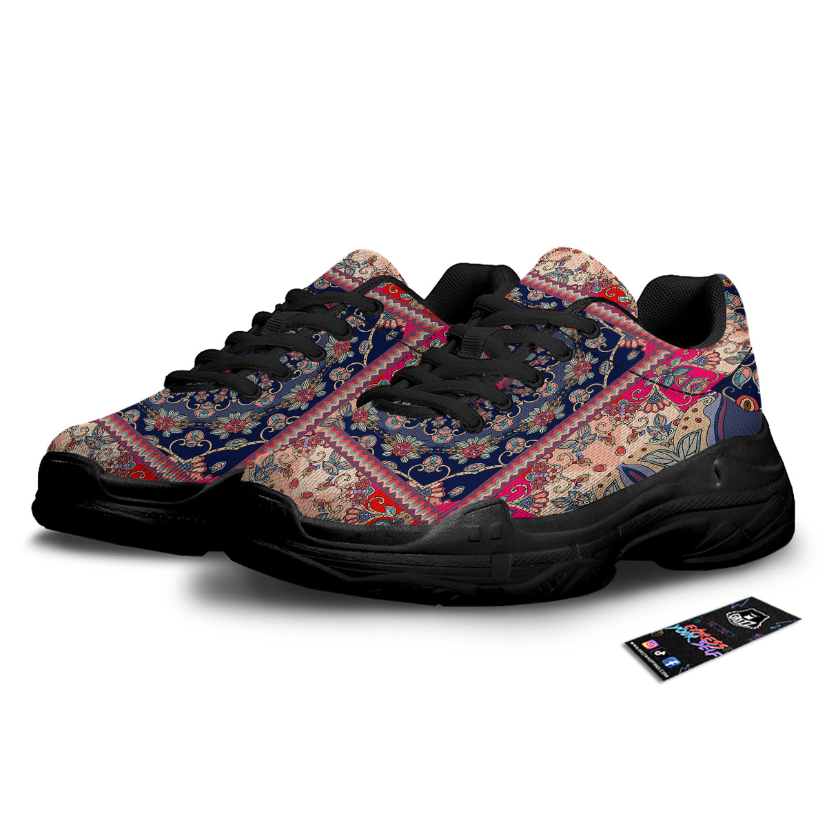 Ethnic Patchwork Square Print Black Chunky Shoes-grizzshop