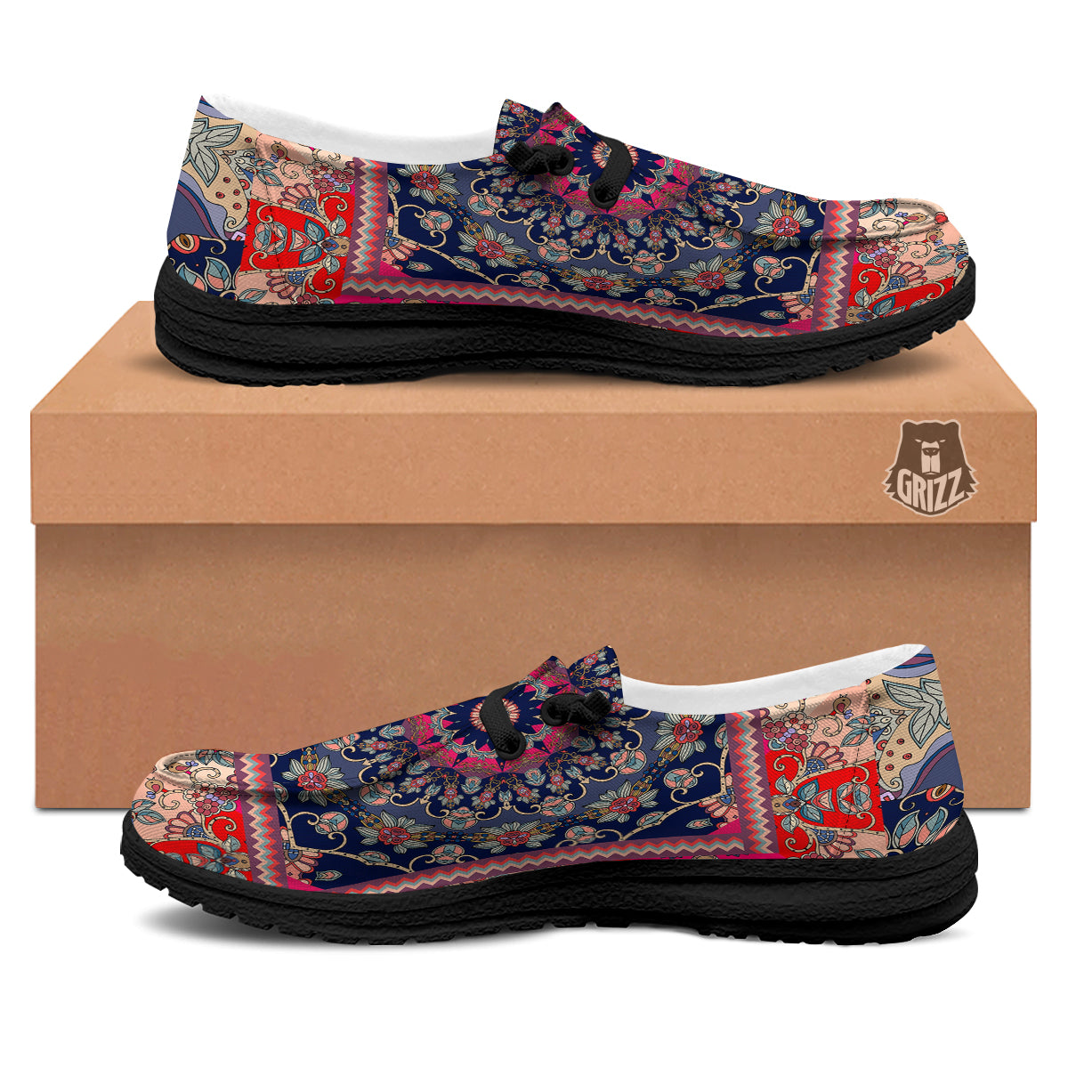 Ethnic Patchwork Square Print Black Loafers-grizzshop