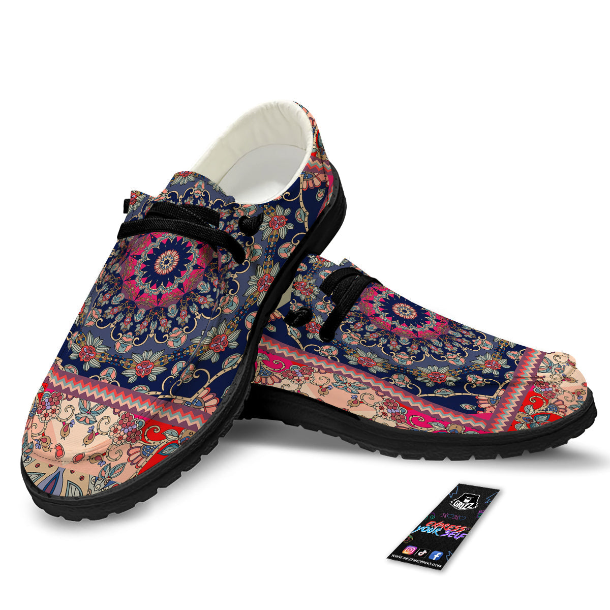 Ethnic Patchwork Square Print Black Loafers-grizzshop