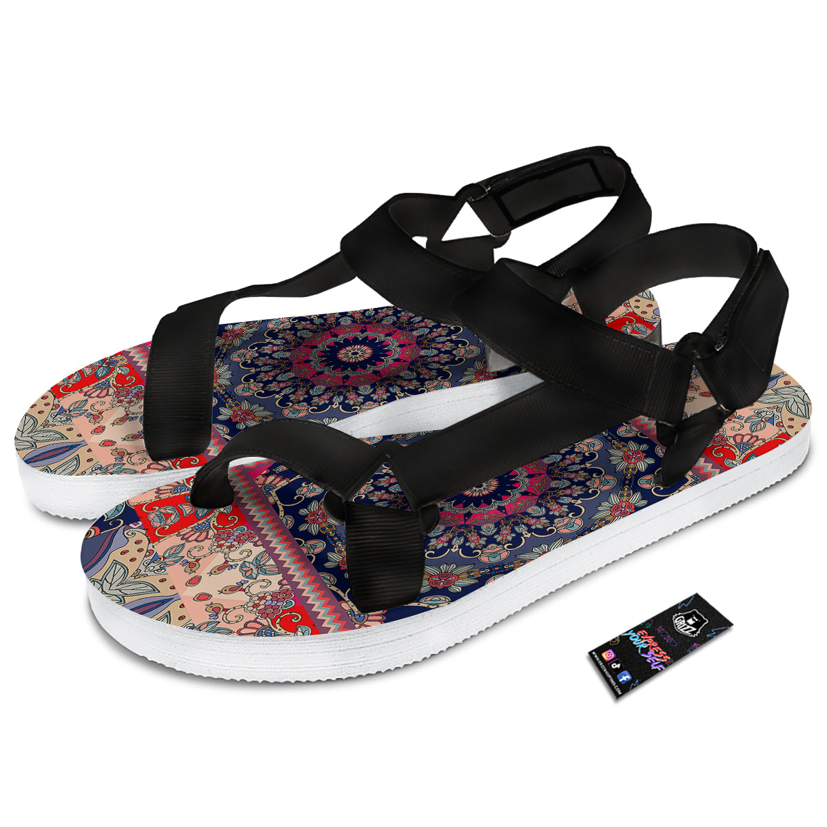 Ethnic Patchwork Square Print Black Open Toe Sandals-grizzshop