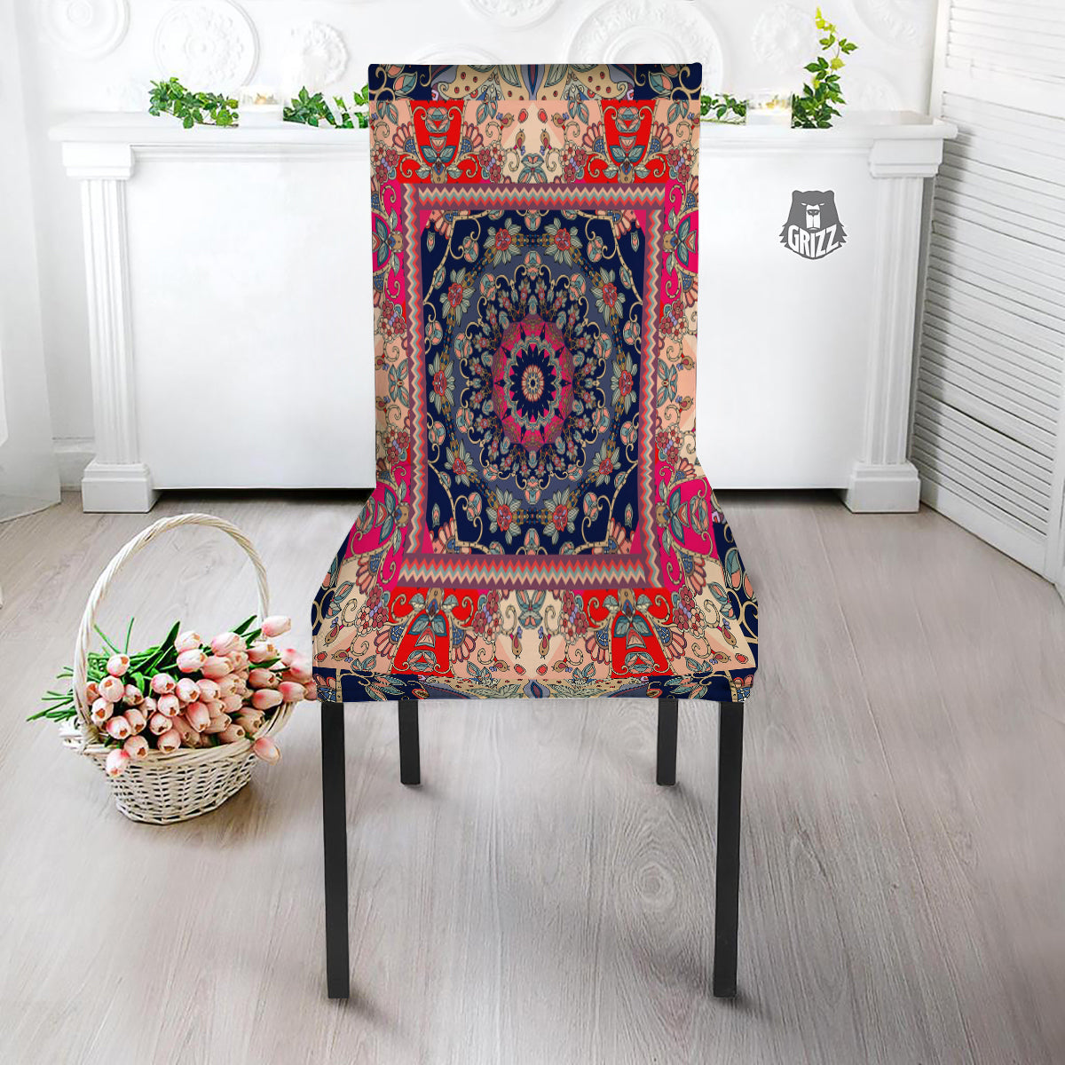 Ethnic Patchwork Square Print Dining Chair Slipcover-grizzshop