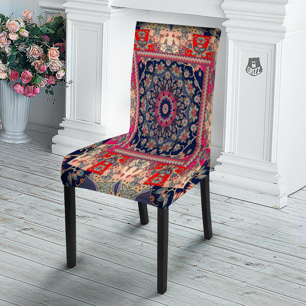 Ethnic Patchwork Square Print Dining Chair Slipcover-grizzshop