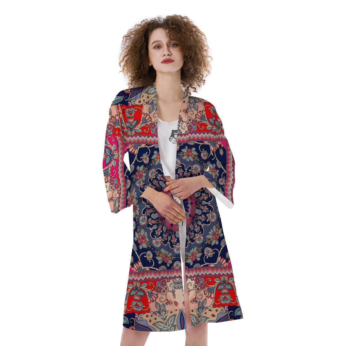 Ethnic Patchwork Square Print Kimono-grizzshop