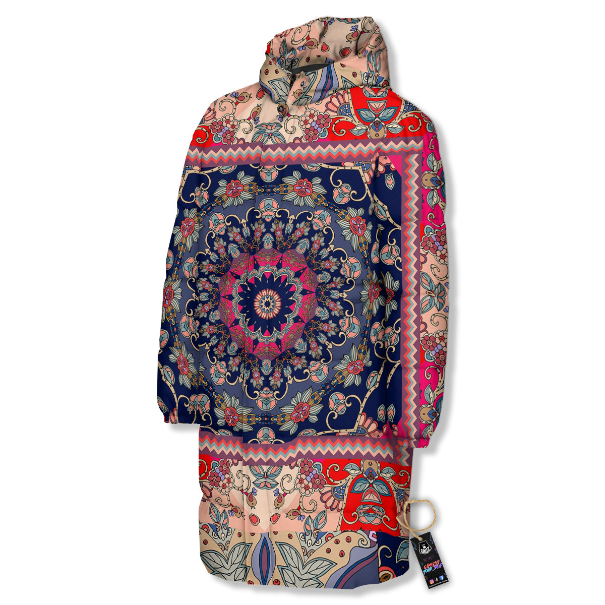 Ethnic Patchwork Square Print Long Down Jacket-grizzshop